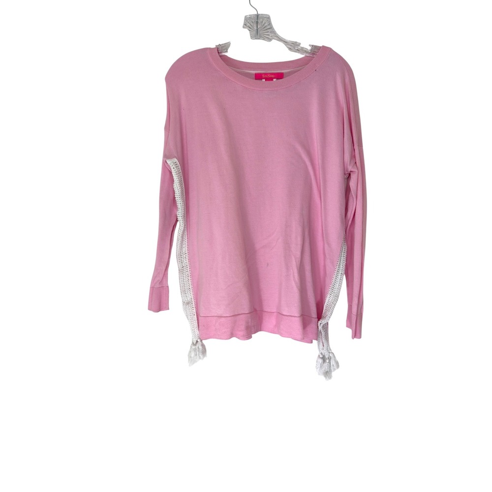 Lilly Pulitzer Sweater Pink Pullover Knit Fringe Crewneck Lightweight Medium